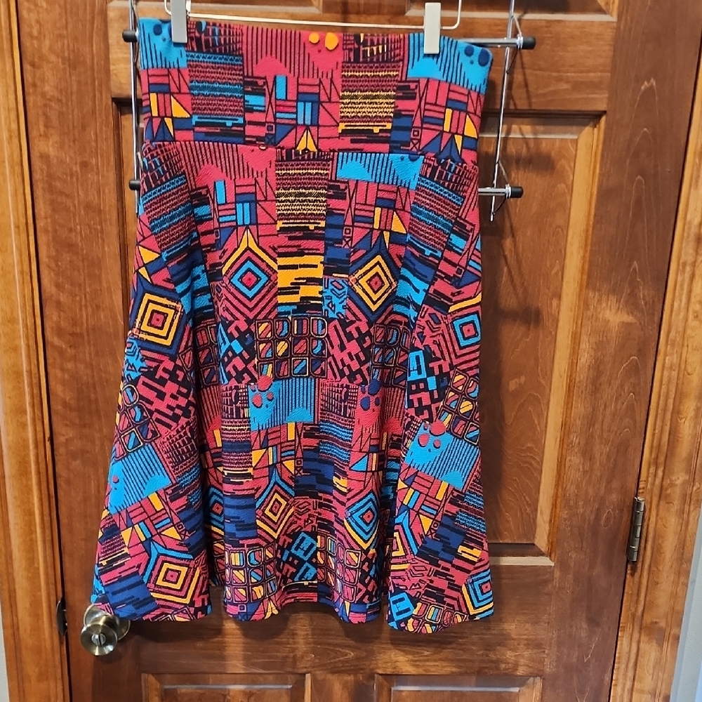 LuLaRoe A-Line Skirt with Red, Blue, and Yellow Geometric Design